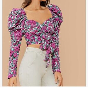 floral print crop puff sleeve blouse
